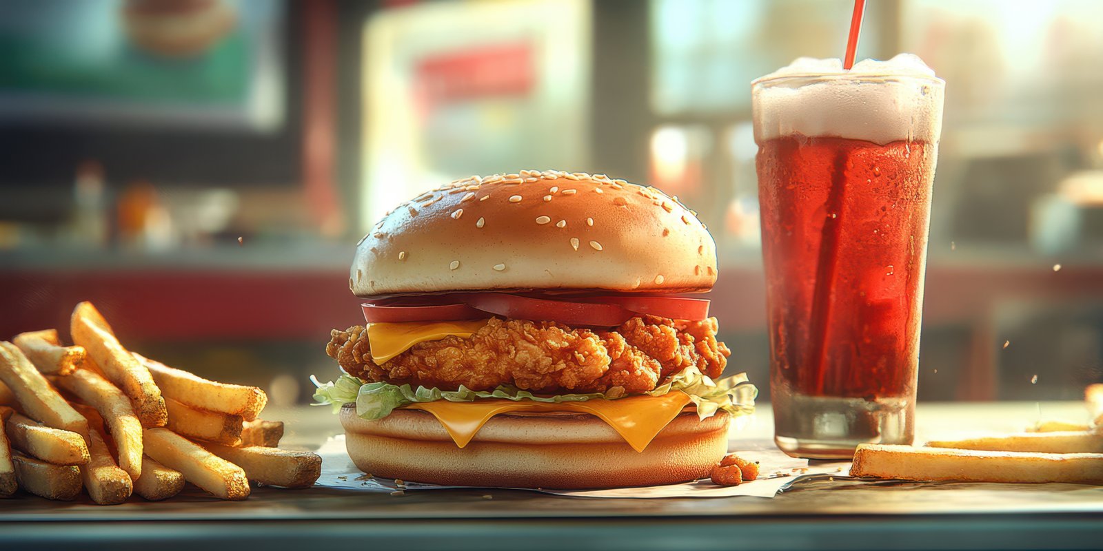 Freshly made burger served with crispy fries and a refreshing drink in a casual dining setting during lunch hours